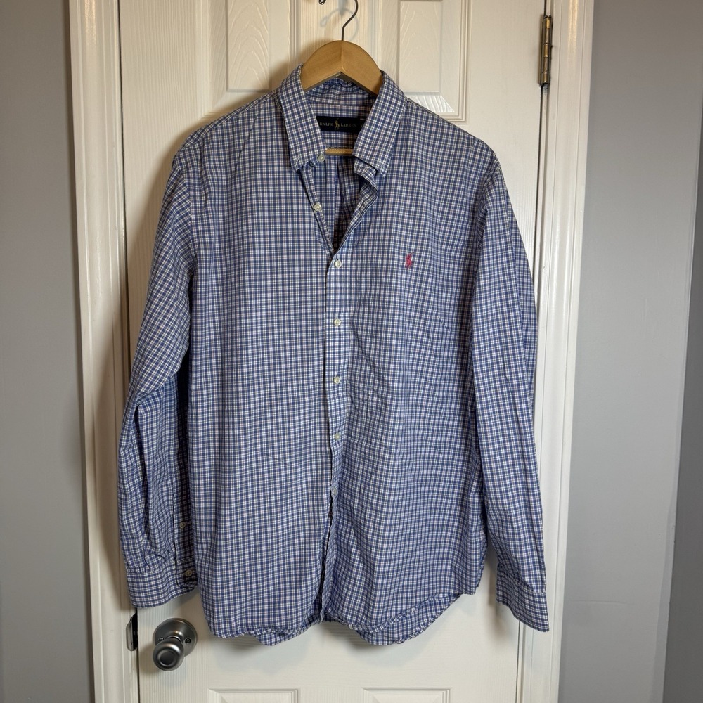 Ralph Lauren Blue Green White Plaid‎ Mens Button Up Shirt Size XL